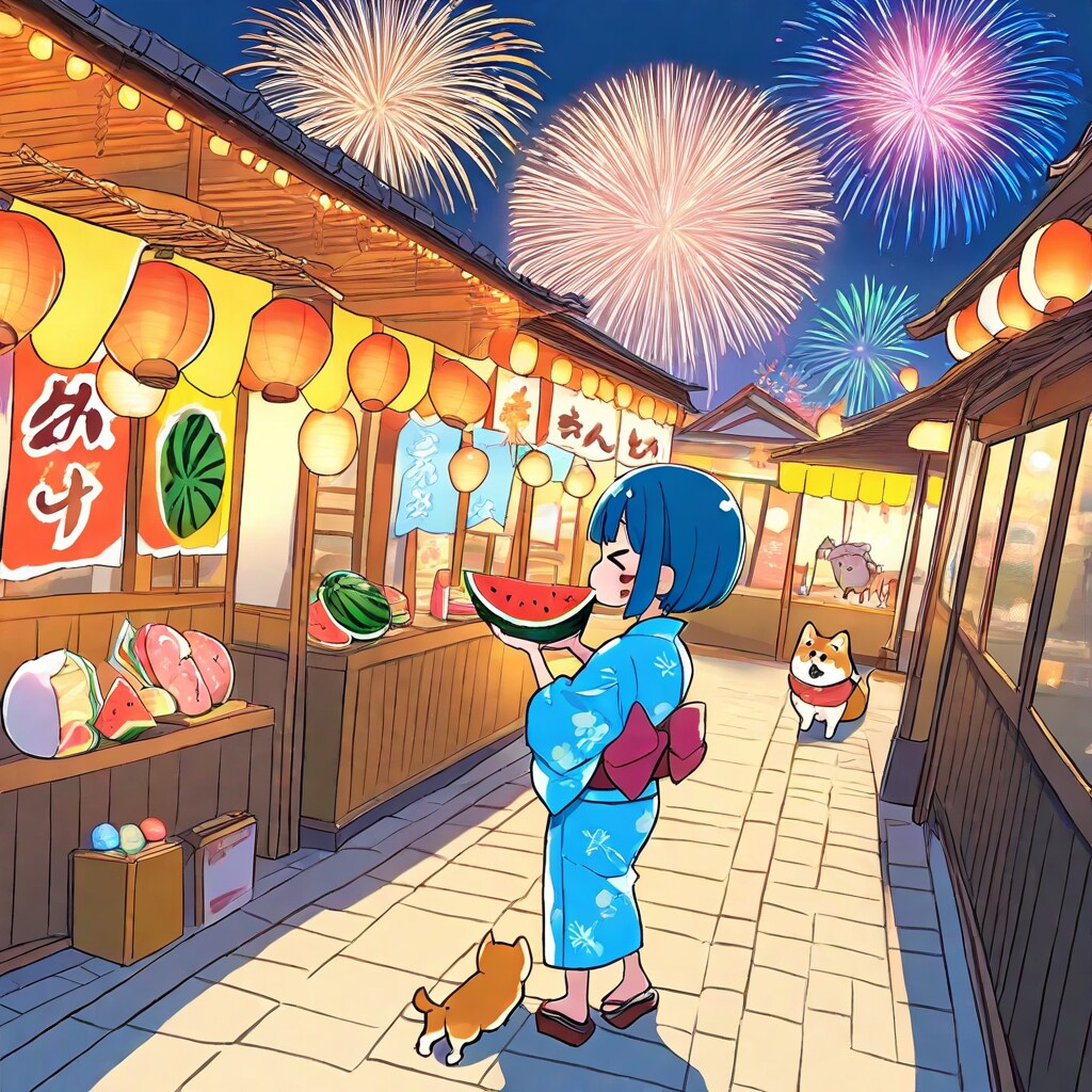 花火とスイカと青髪ちゃん