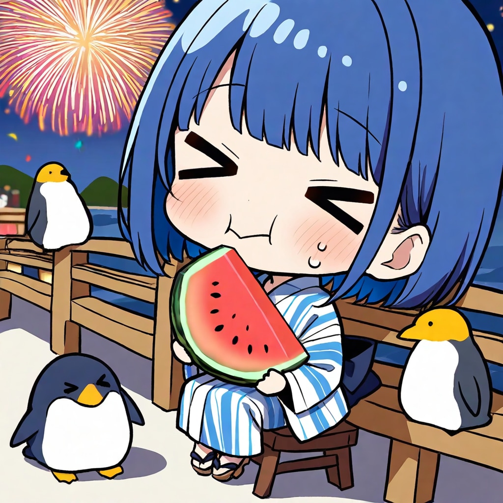 花火とスイカと青髪ちゃん