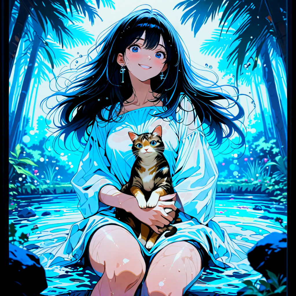青い森の泉で、あいと猫ちゃんの涼やかなひととき