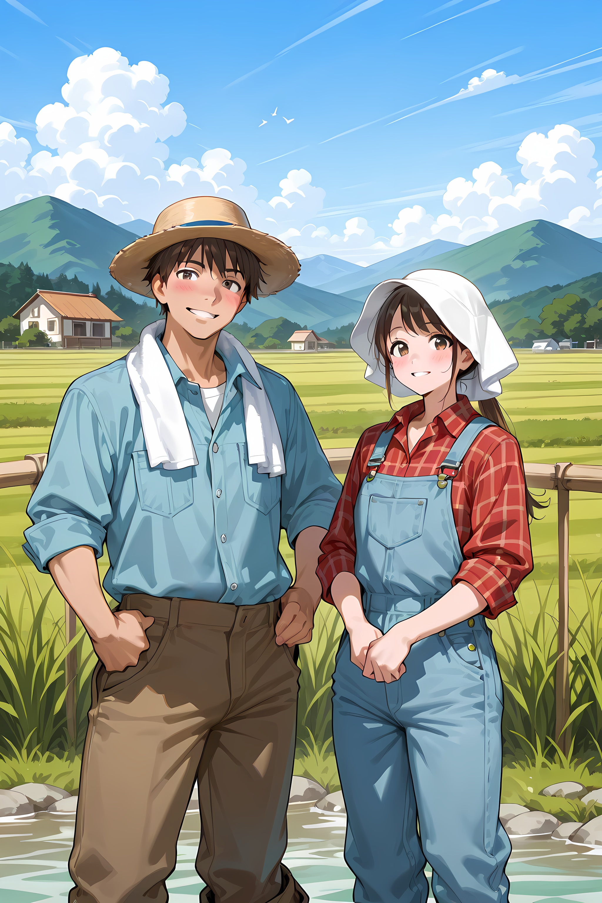 農家夫婦の作業の合間に