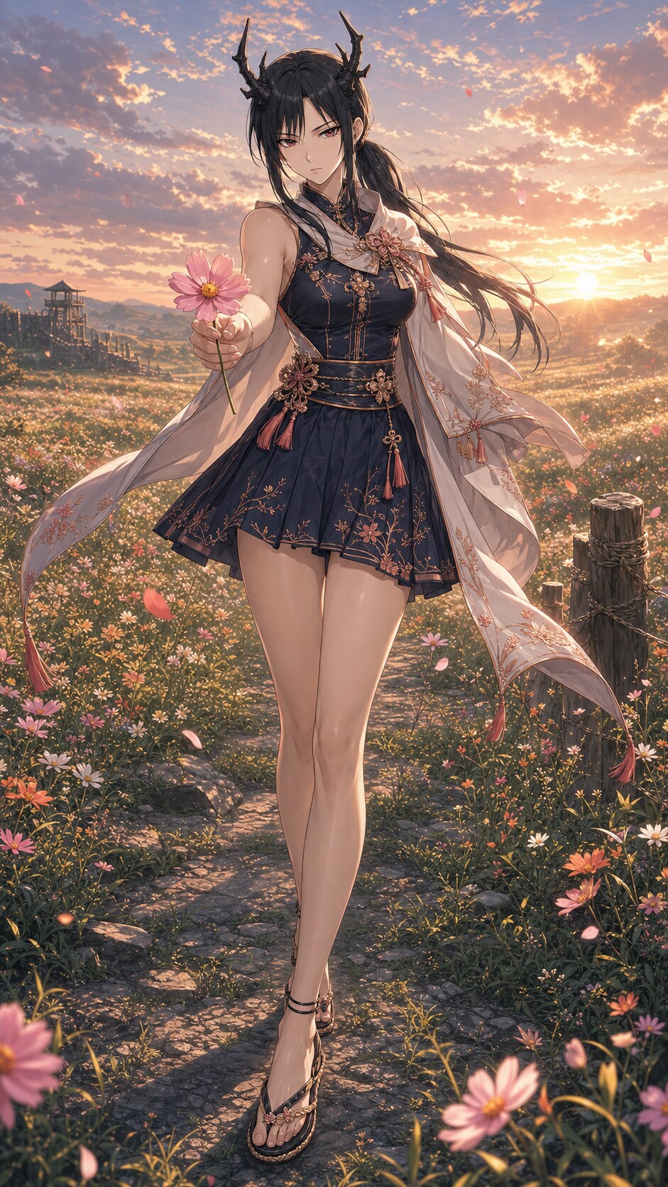 夕茜に咲く夜露の秋桜