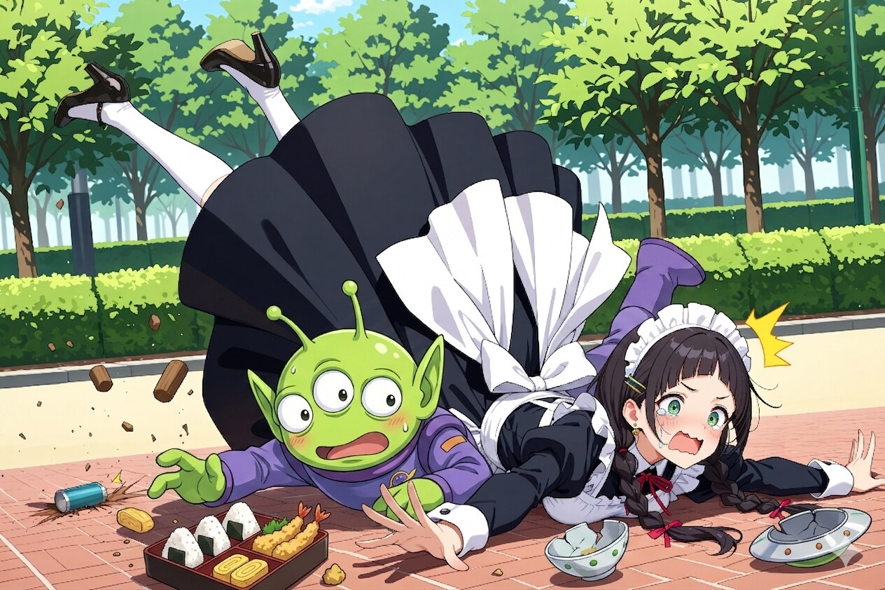 つまみ食いしてる宇宙人の所にコケるこよみちゃん