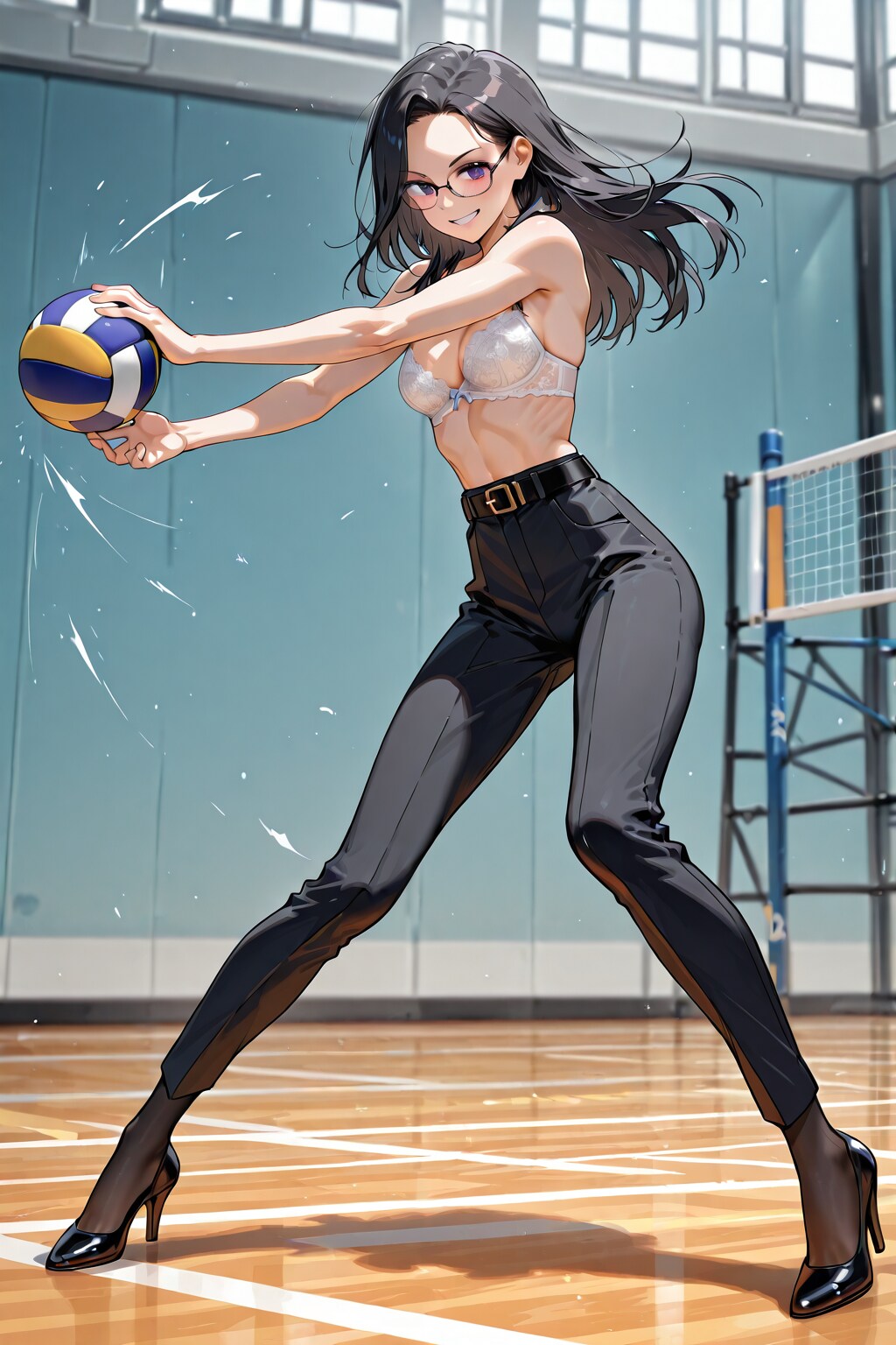黒髪ナイスバディ美女のブラ姿のバレーボール