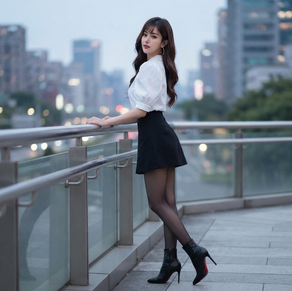 手すりのそばに立つ、若い女性