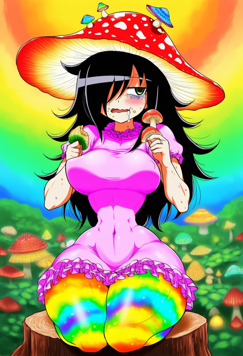 虹色光るキノコ食べるドレスコスプレ喪女人妻