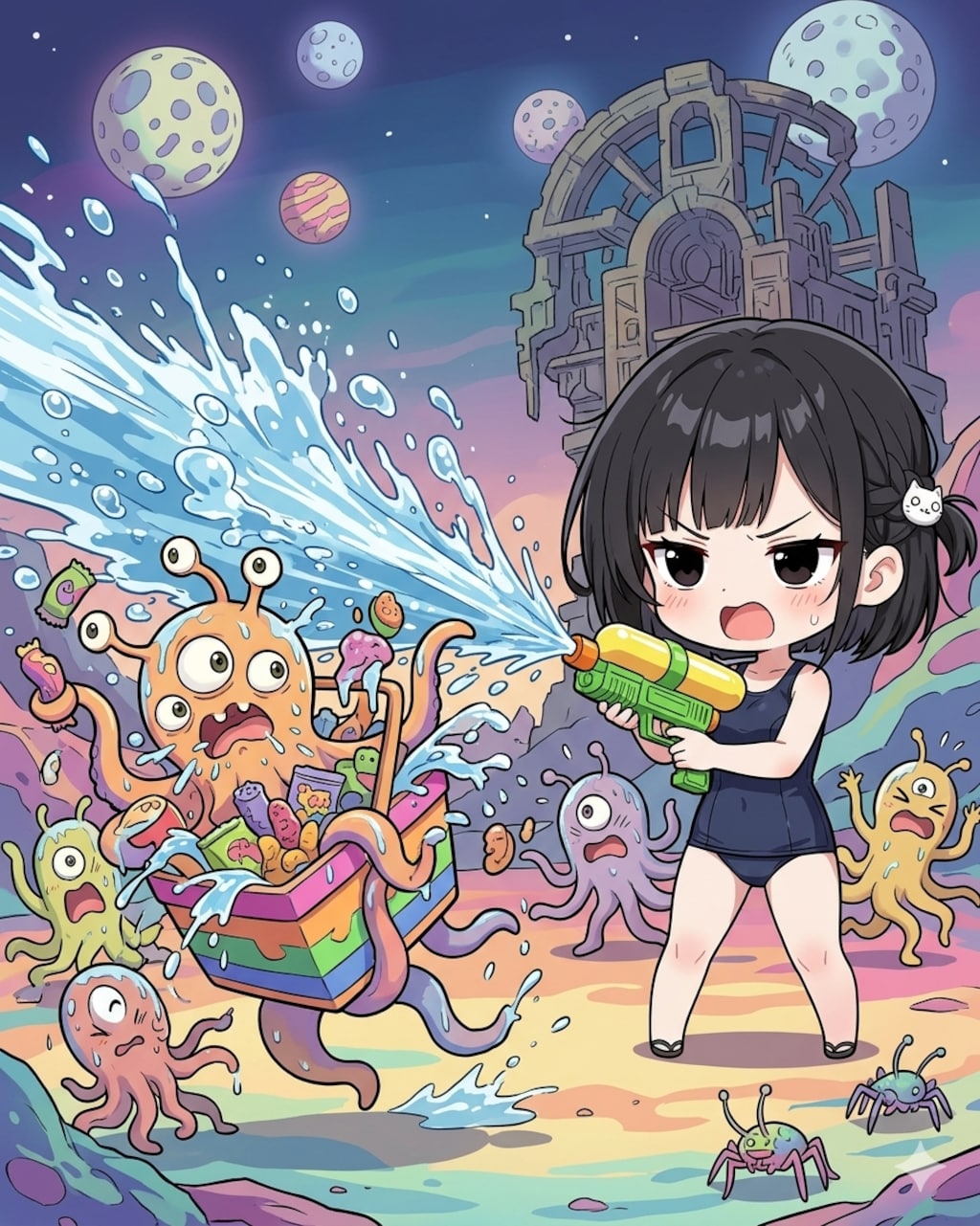 宇宙人のつまみ食いを水鉄砲で襲撃する凜猫ちゃん