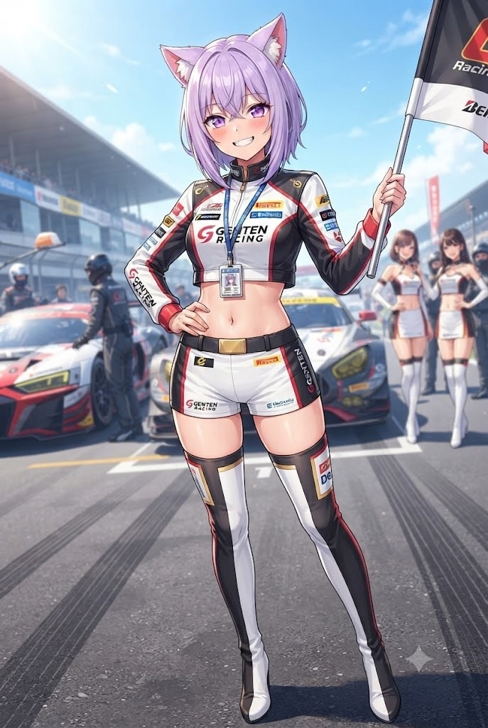 フラッグを掲げるレースアンバサダーのシス
