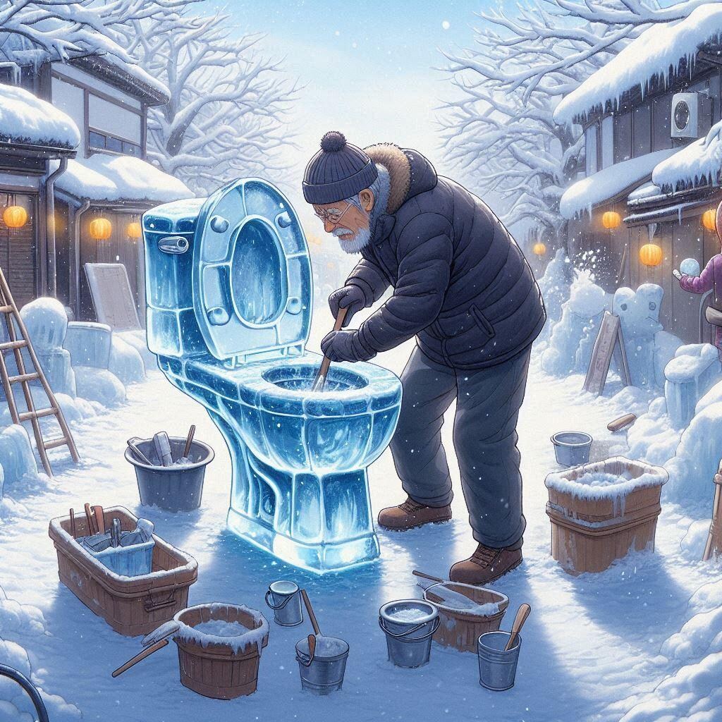 トイレの氷像を彫るおじいさん