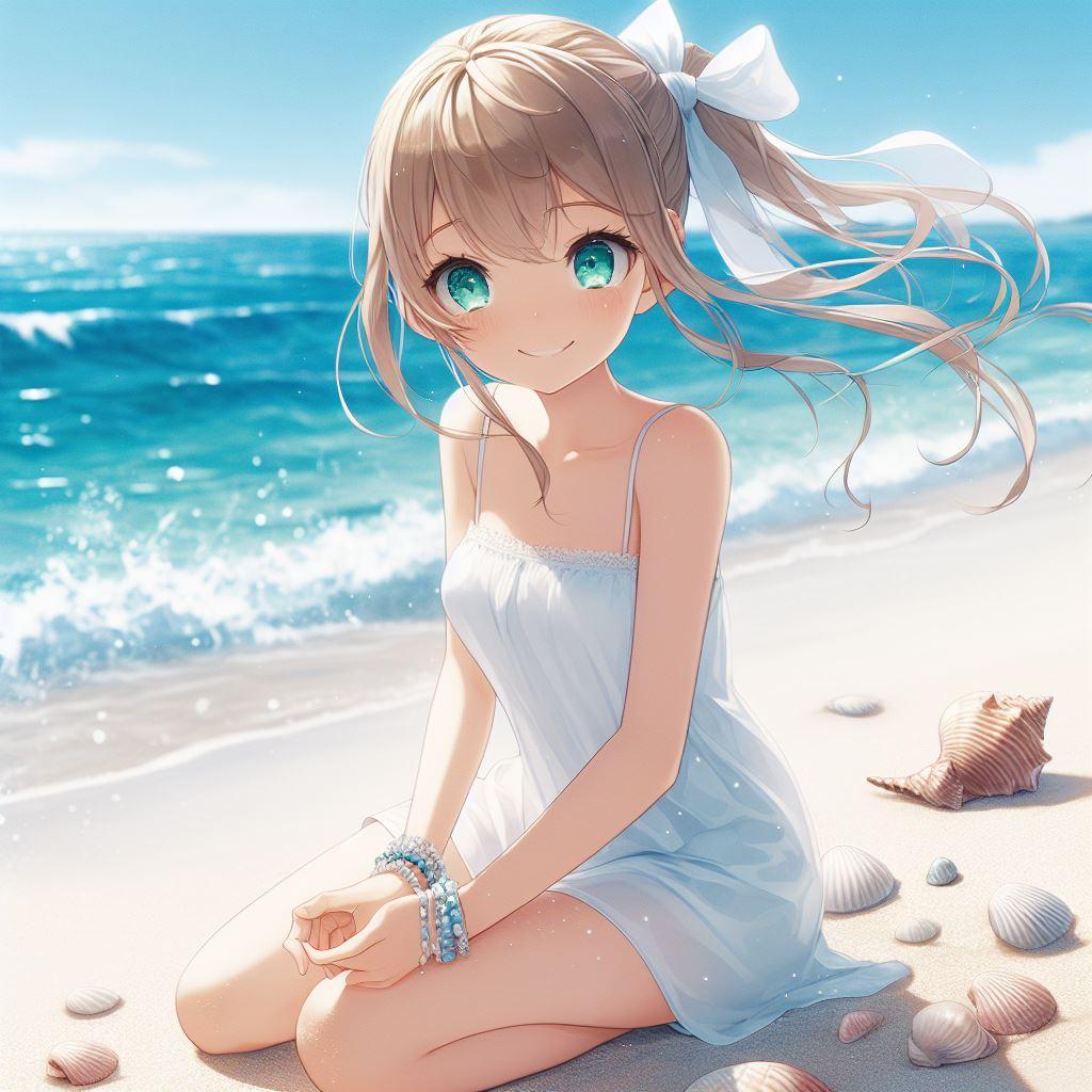透き通るような海と金髪ポニテガール