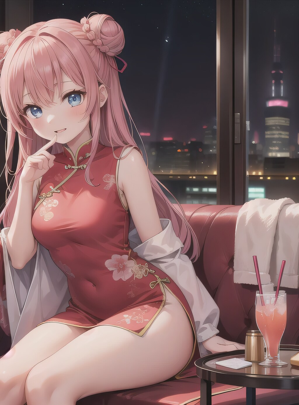 ピンク髪ツイン団子で中華服の少女