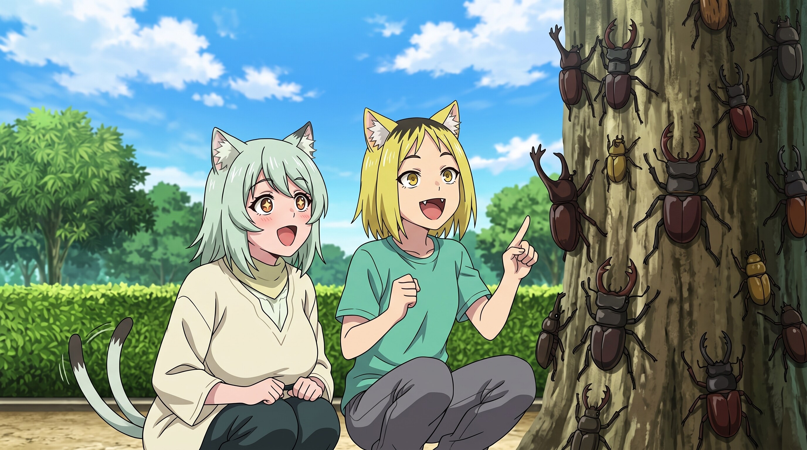 ヤニねことヤクねこ、夏の虫や鳥を見て喜ぶ | の人気AIイラスト・グラビア