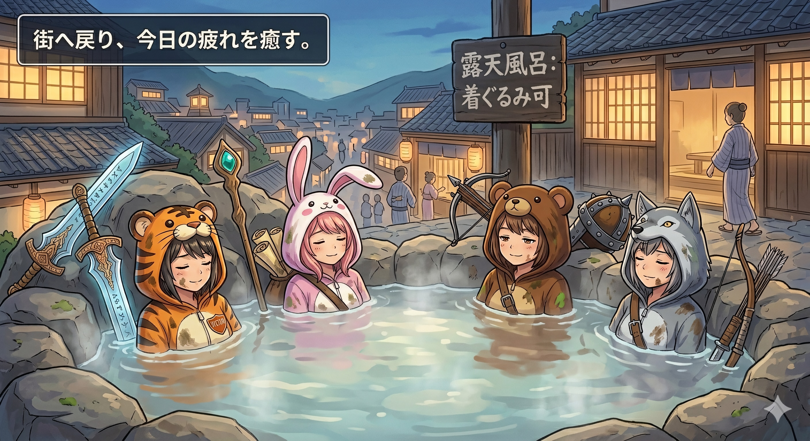 【All0423b】今日のクエストは非常に疲れたので、街の露天風呂でゆっくり疲れを癒している（モデル: NanoBanana2） | の人気AIイラスト・グラビア