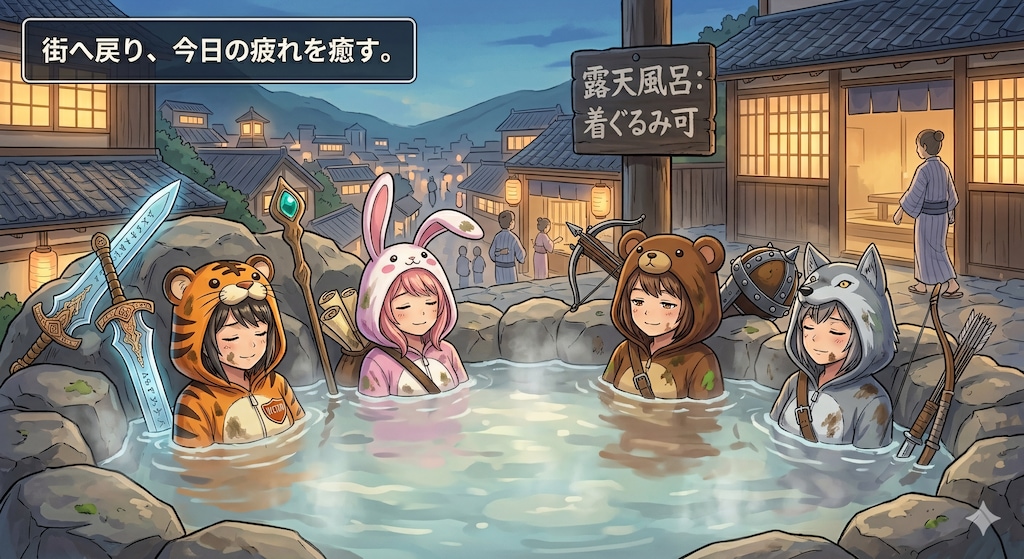 【All0423b】今日のクエストは非常に疲れたので、街の露天風呂でゆっくり疲れを癒している（モデル: NanoBanana2）