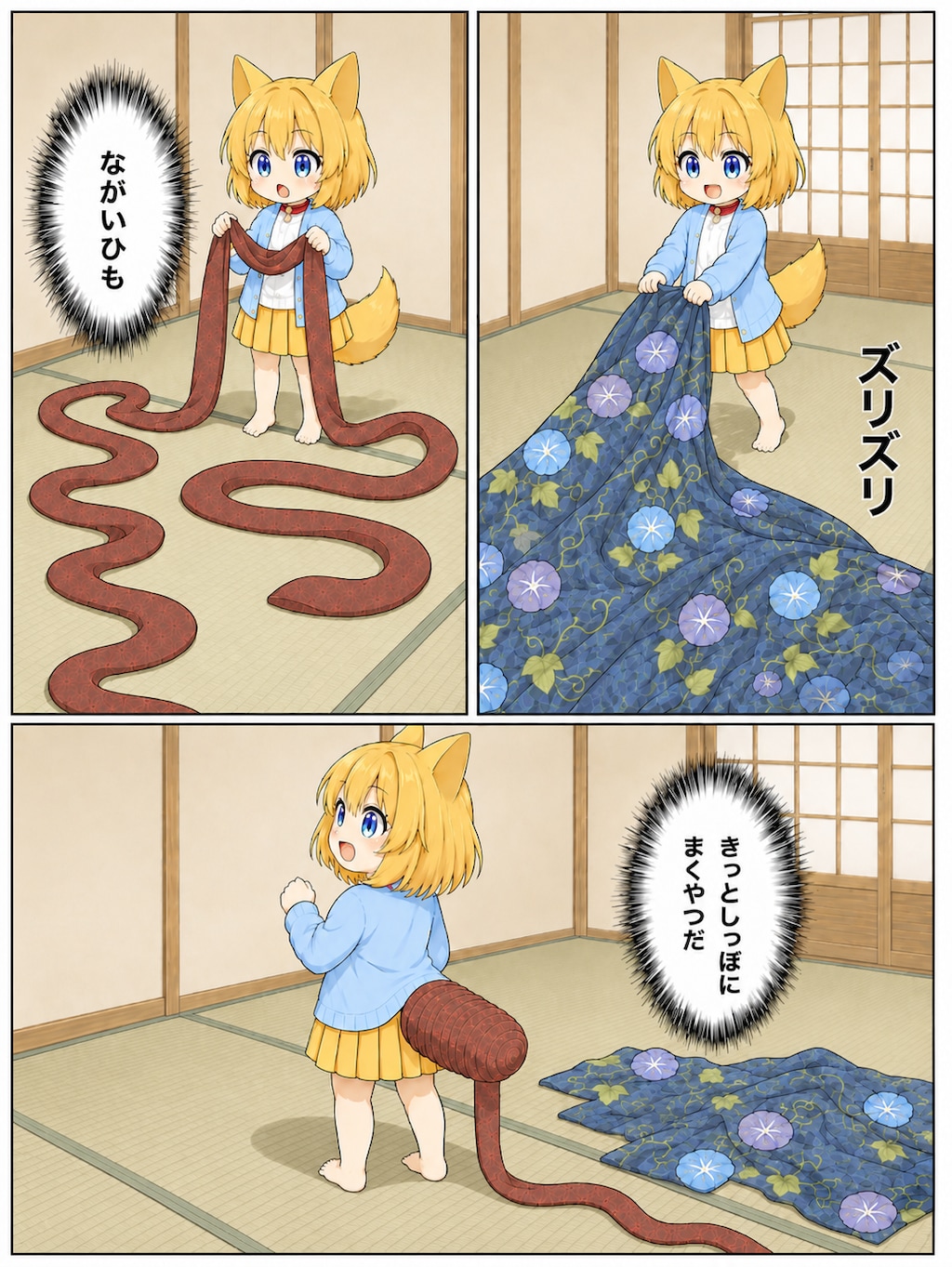 大人用の浴衣を引っ張り出してきて遊ぶキツネ