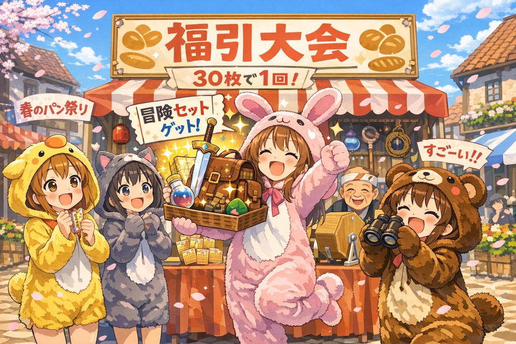 【All0417c】パンを買うと福引券がもらえた。30枚で1回まわせる、景品は冒険に役立つアイテム（モデル: ChatGPT）