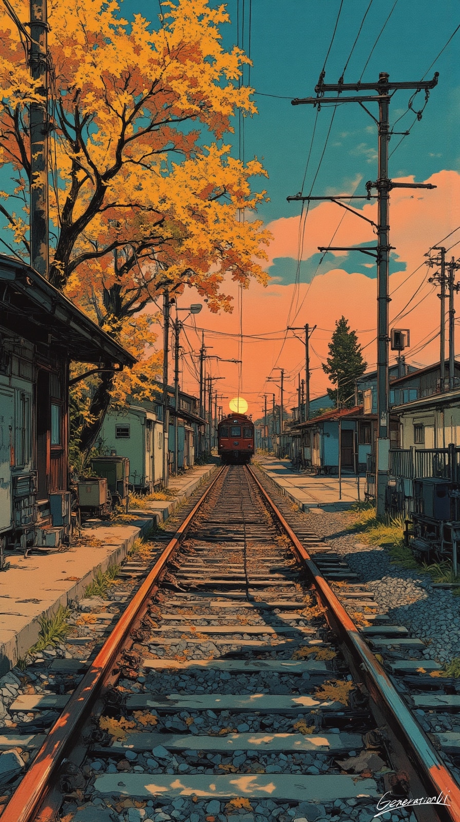 夕焼けに吸い込まれる線路／スマホ壁紙アーカイブ | の人気AIイラスト・グラビア