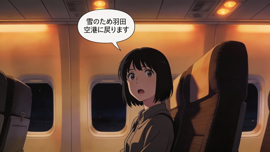 雪のため羽田空港に戻ります