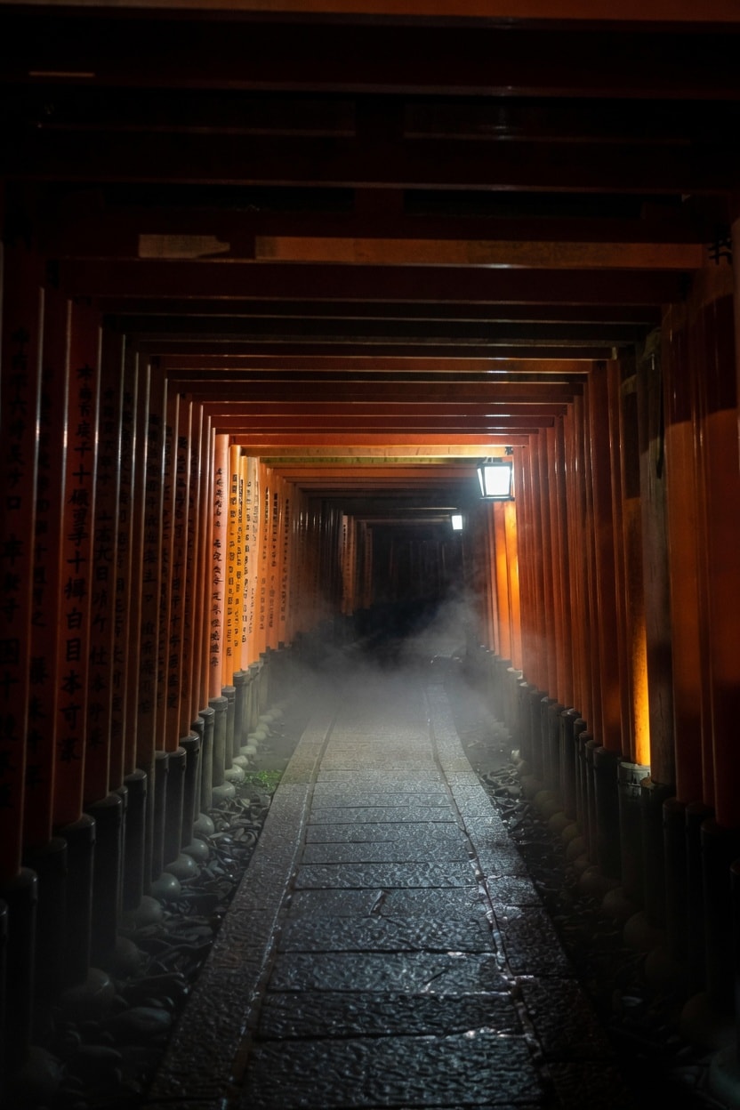 灯影に絡む千本鳥居