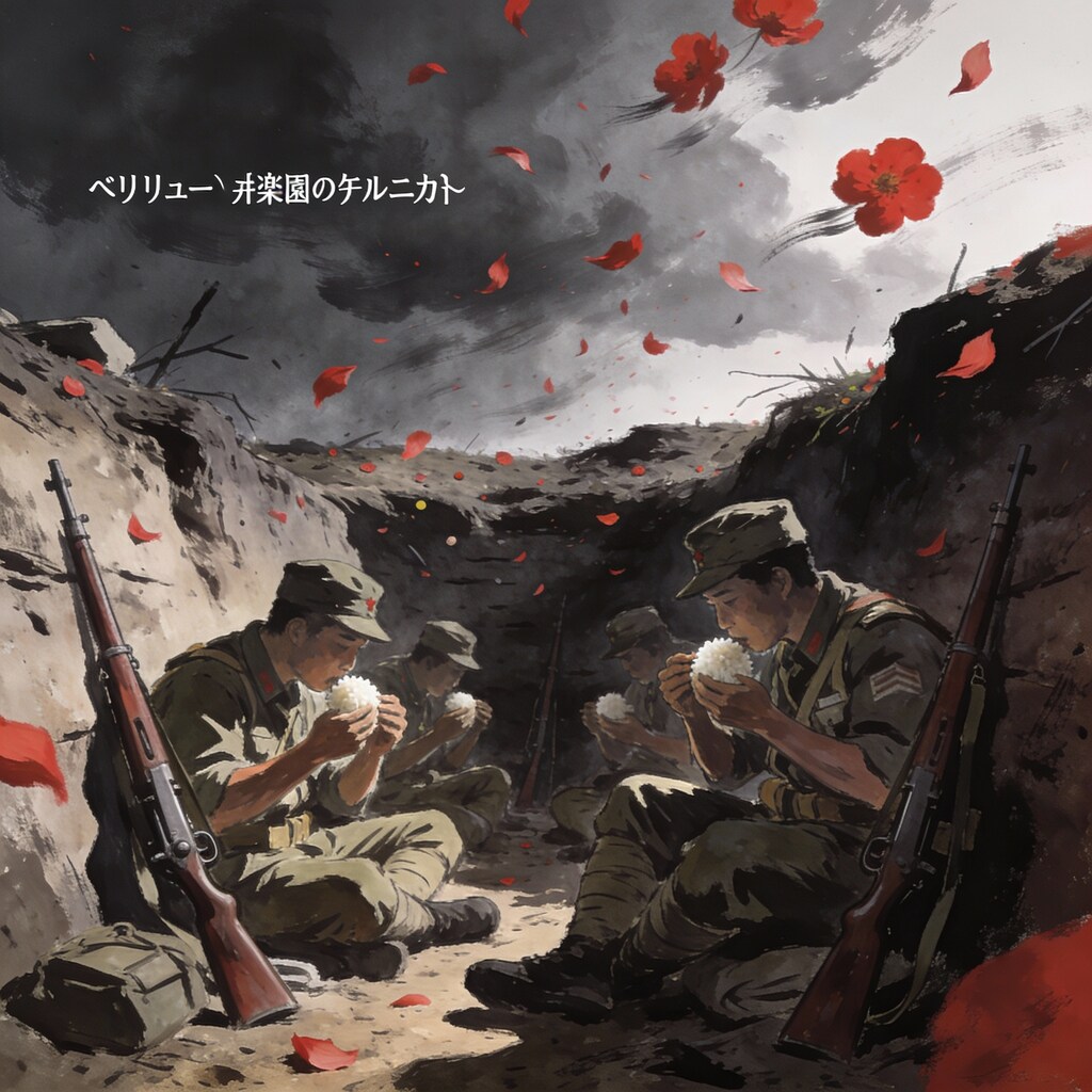 塹壕で米の握飯を食う