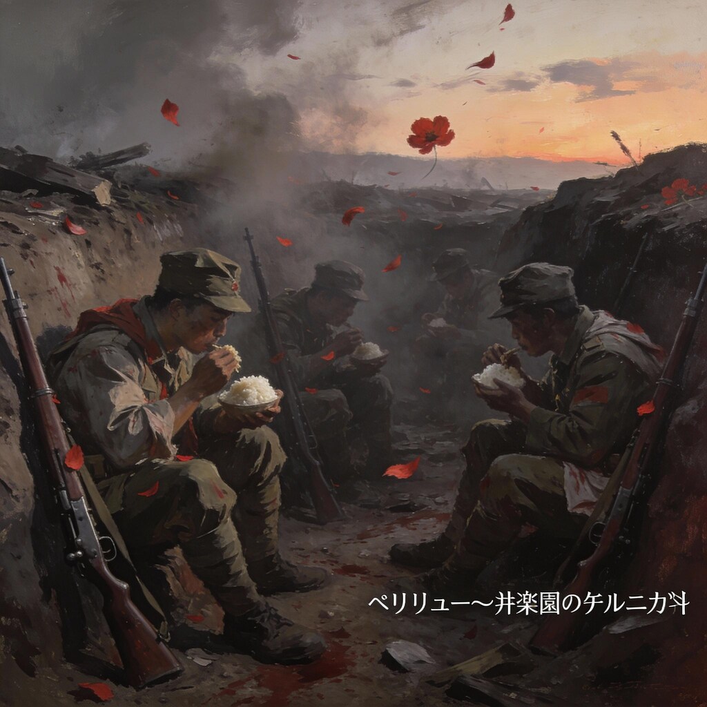 塹壕で米の握飯を食う