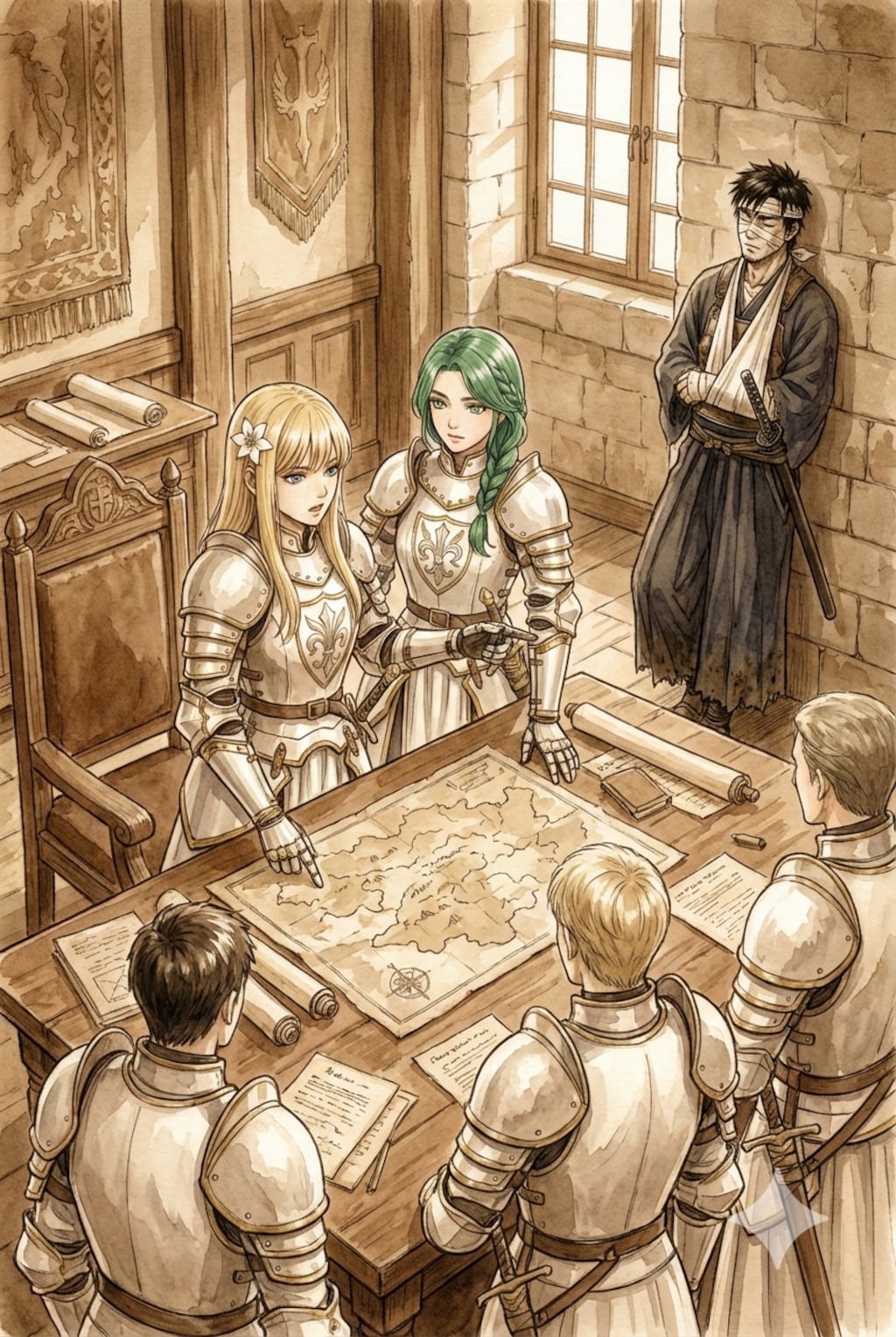 追っているモンスターの情報が手に入るまで、騎士団の困難な任務を共に。翠の人は警戒。