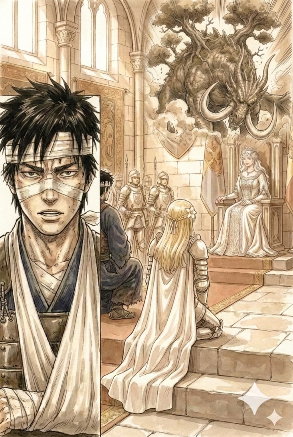 追っているモンスターの情報が手に入るまで、騎士団の困難な任務を共に。翠の人は警戒。