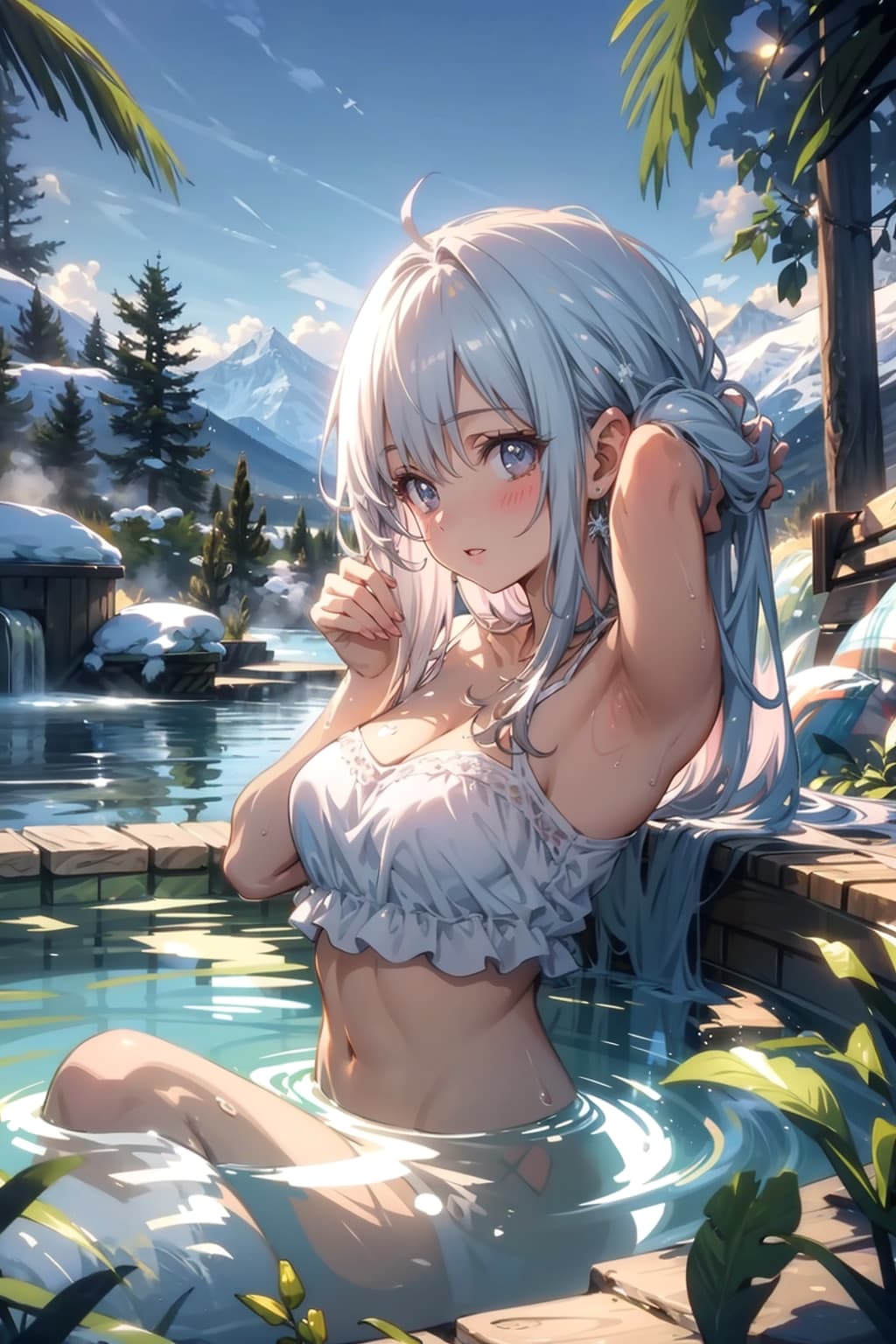 残雪が見える3月末の露天風呂