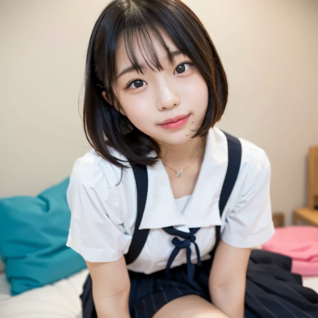 黒髪ボブで寝室の美女３