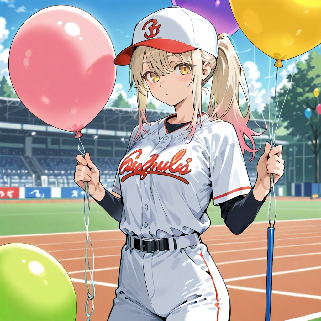 色とりどりの巨大風船を持つ野球ユニフォーム来た美少女 | の人気AIイラスト・グラビア