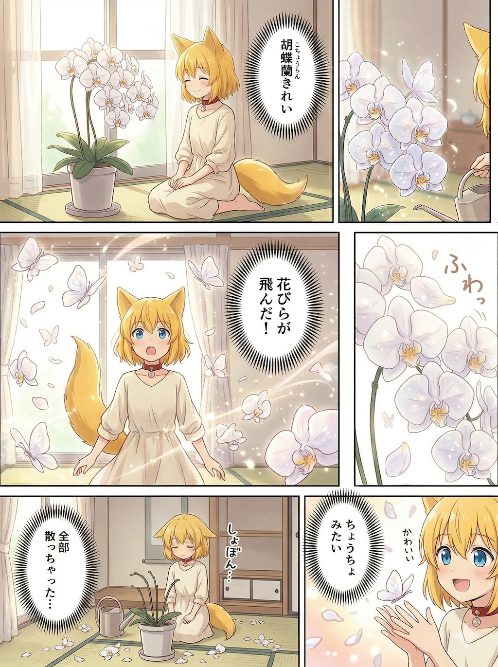 舞い遊ぶ胡蝶蘭が力を使い果たして散りゆくのを寂しく思いながら見つめるキツネ