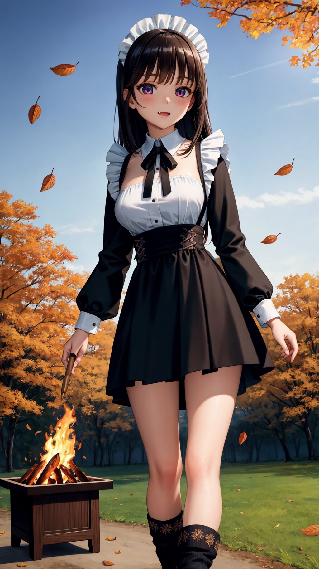 メイドさんによる落ち葉焚き