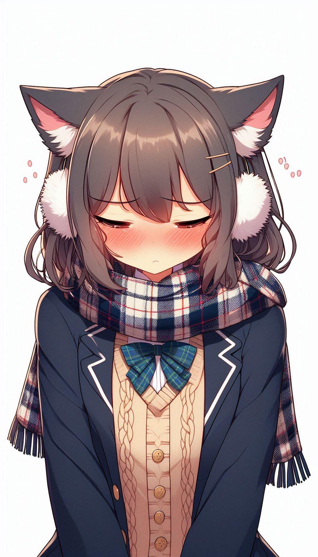 「耳が寒い」と言ったらイヤーウォーマーを付けられて、私の耳はそこじゃないって言いたいけど好意が嬉しくてだんだん体が温まってきた猫耳娘。でもやっぱり耳は寒い。 | の人気AIイラスト・グラビア