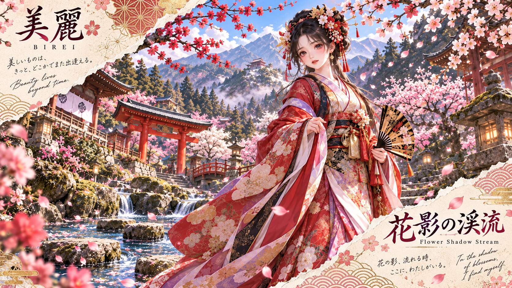 Flower Shadow Stream  Set against a breathtaking landscape of blossoming cherry trees, traditional r | の人気AIイラスト・グラビア