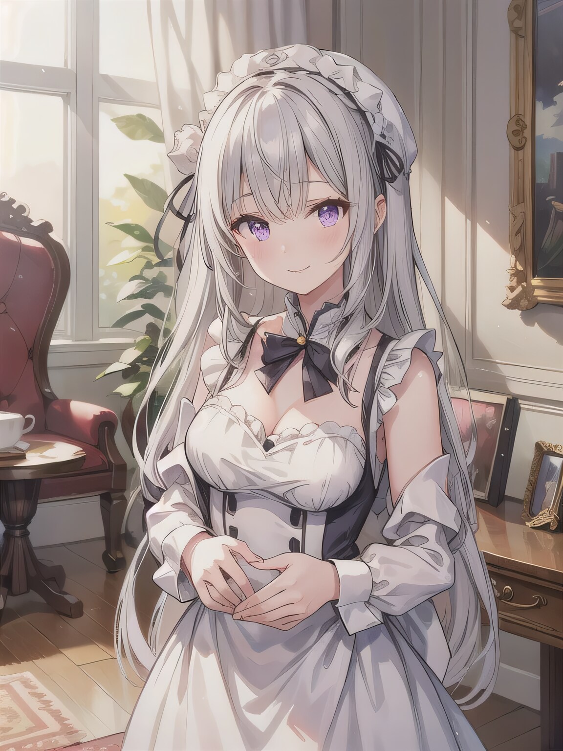 銀髪ロングでメイド服の少女６ | の人気AIイラスト・グラビア