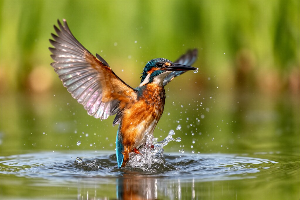 水辺から飛び立つカワセミ