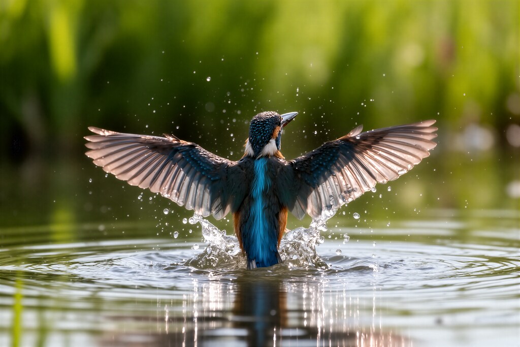 水辺から飛び立つカワセミ