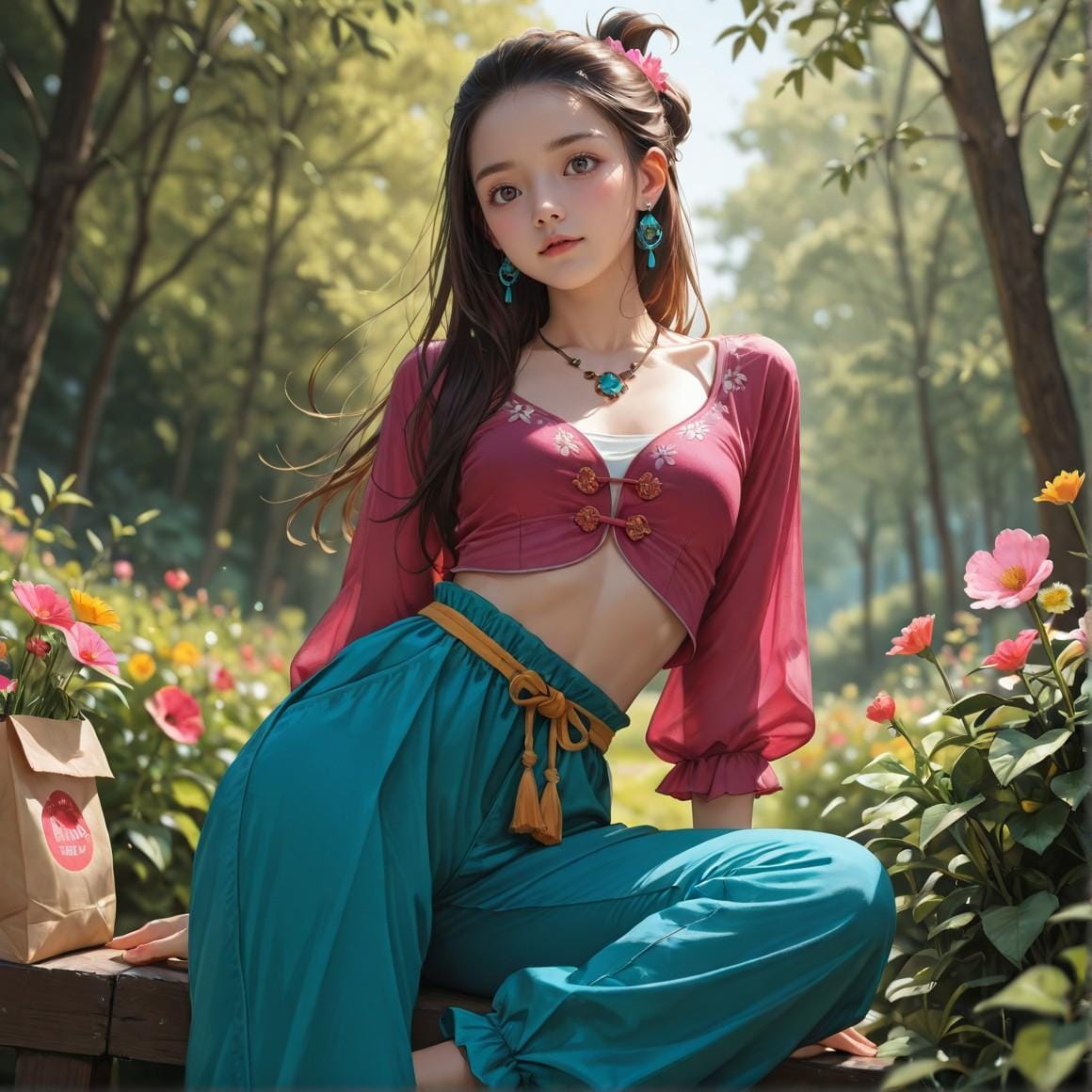 Peplum blouse with paperbag pants | の人気AIイラスト・グラビア