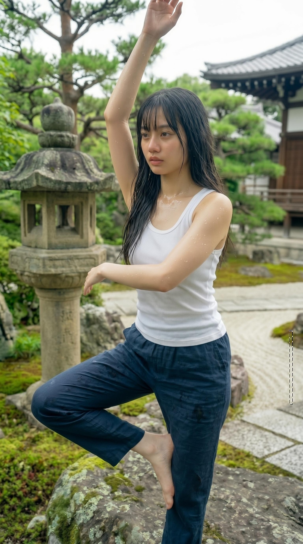 お寺でヨガポーズ