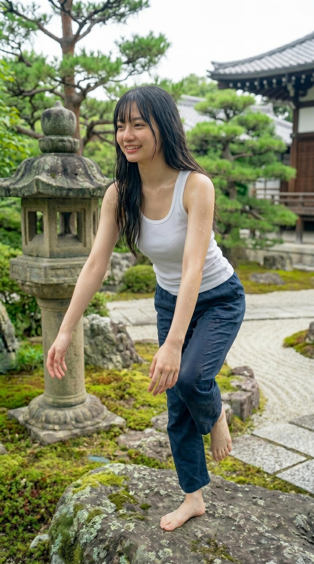 お寺でヨガポーズ