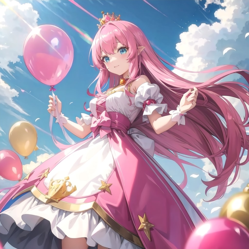 色とりどりの風船を持つピンク髪ロングのお姫様 | の人気AIイラスト・グラビア