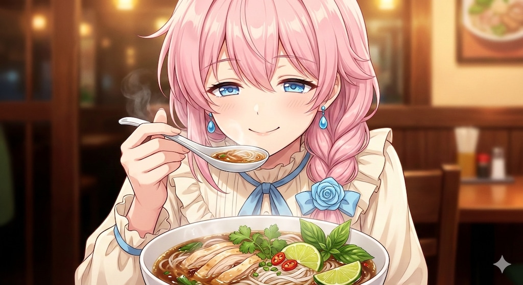 ベトナムフォーを食べるこまのちゃん