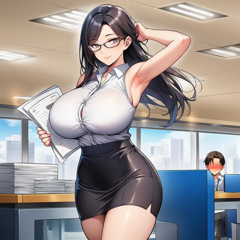 露出度高めの服装でオフィス内で注目を浴びる眼鏡美女