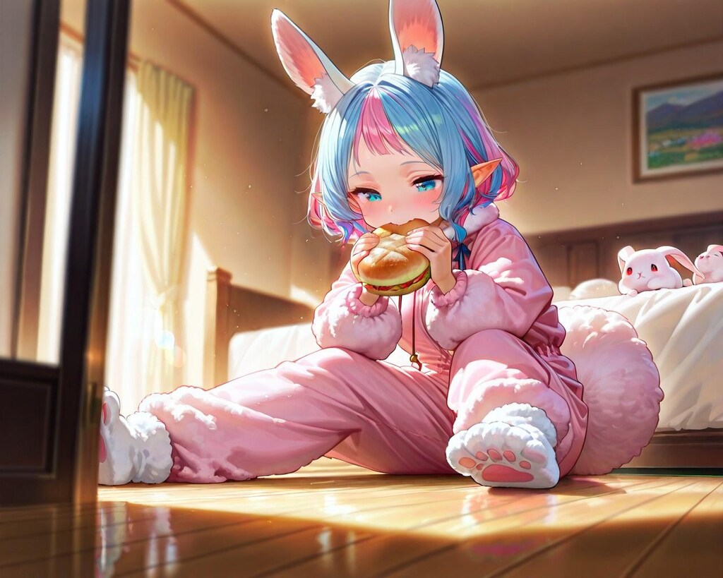 10枚）寝ぼけながらパンを食べるウサギ娘