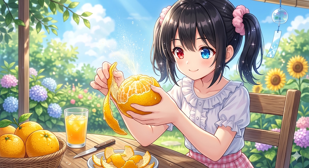 夏みかんをむくアケちゃん🍊
