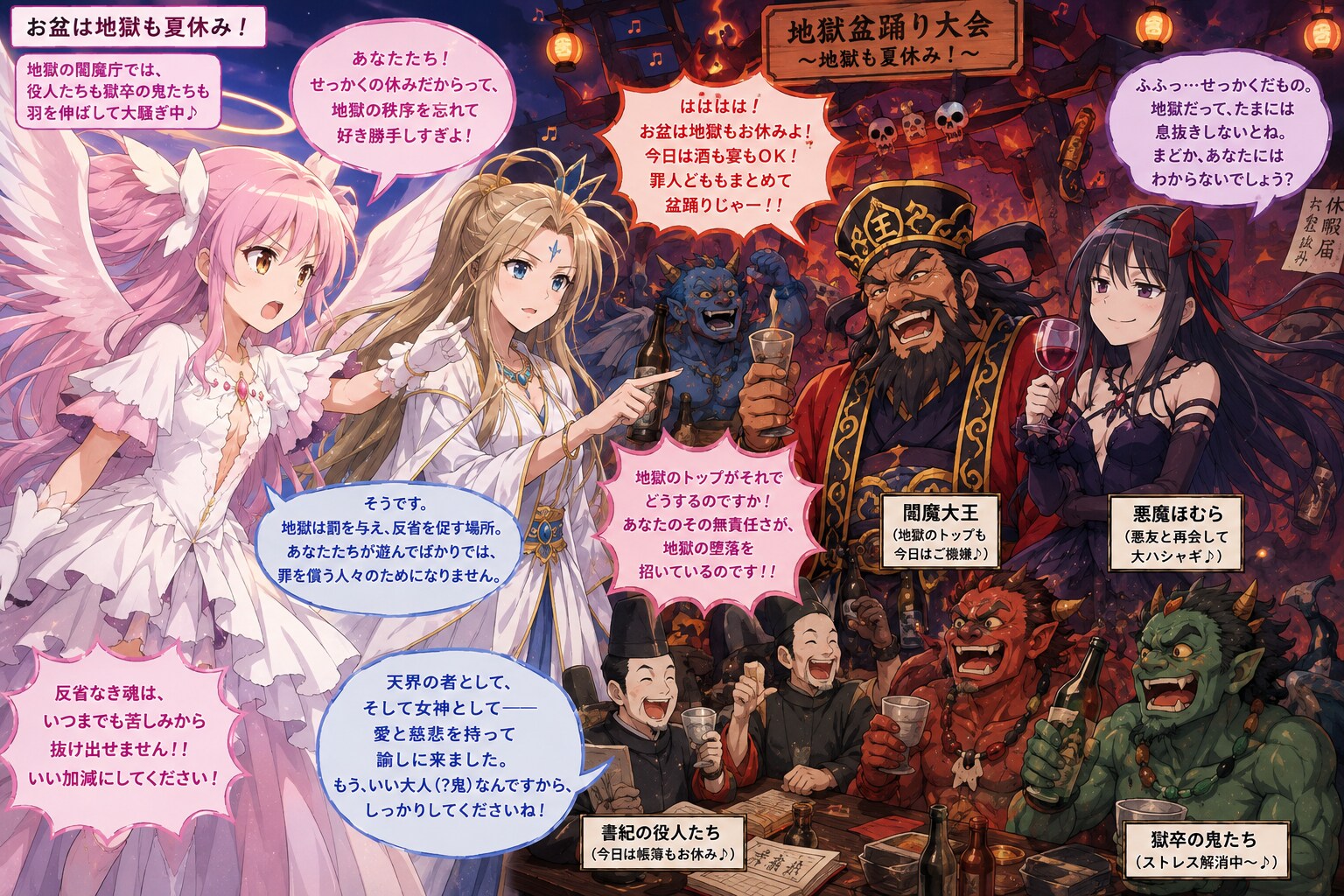 悪魔ほむらと閻魔大王を叱るアルティメットまどかとベルダンディー | の人気AIイラスト・グラビア