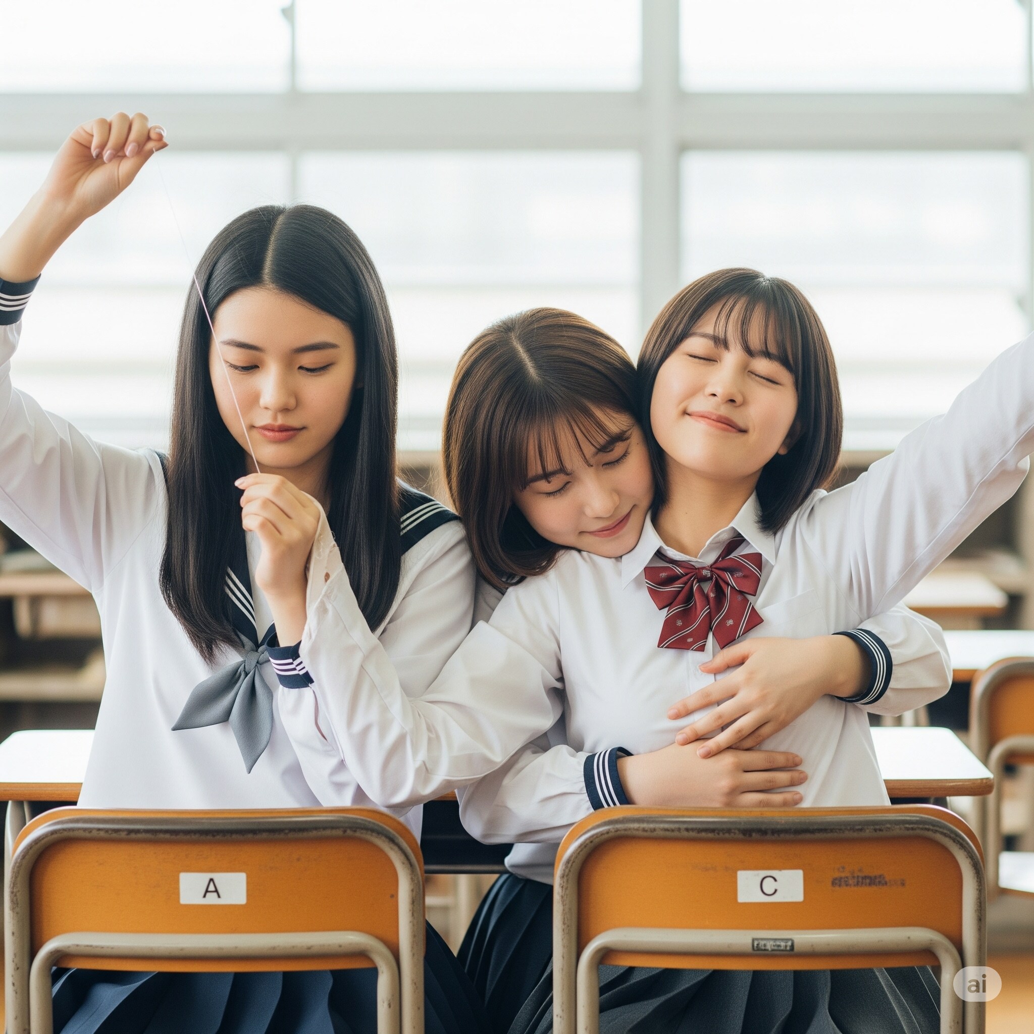 針に糸を通す少女といちゃつく2人