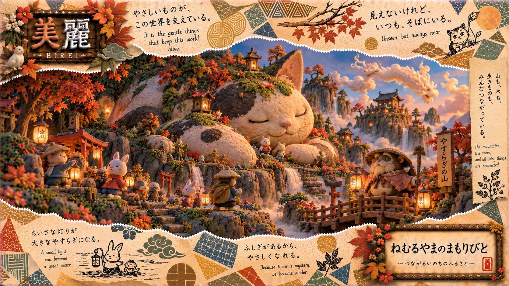A whole mountain sleeping in the shape of a giant cat, watched over by little travelers and their la | の人気AIイラスト・グラビア