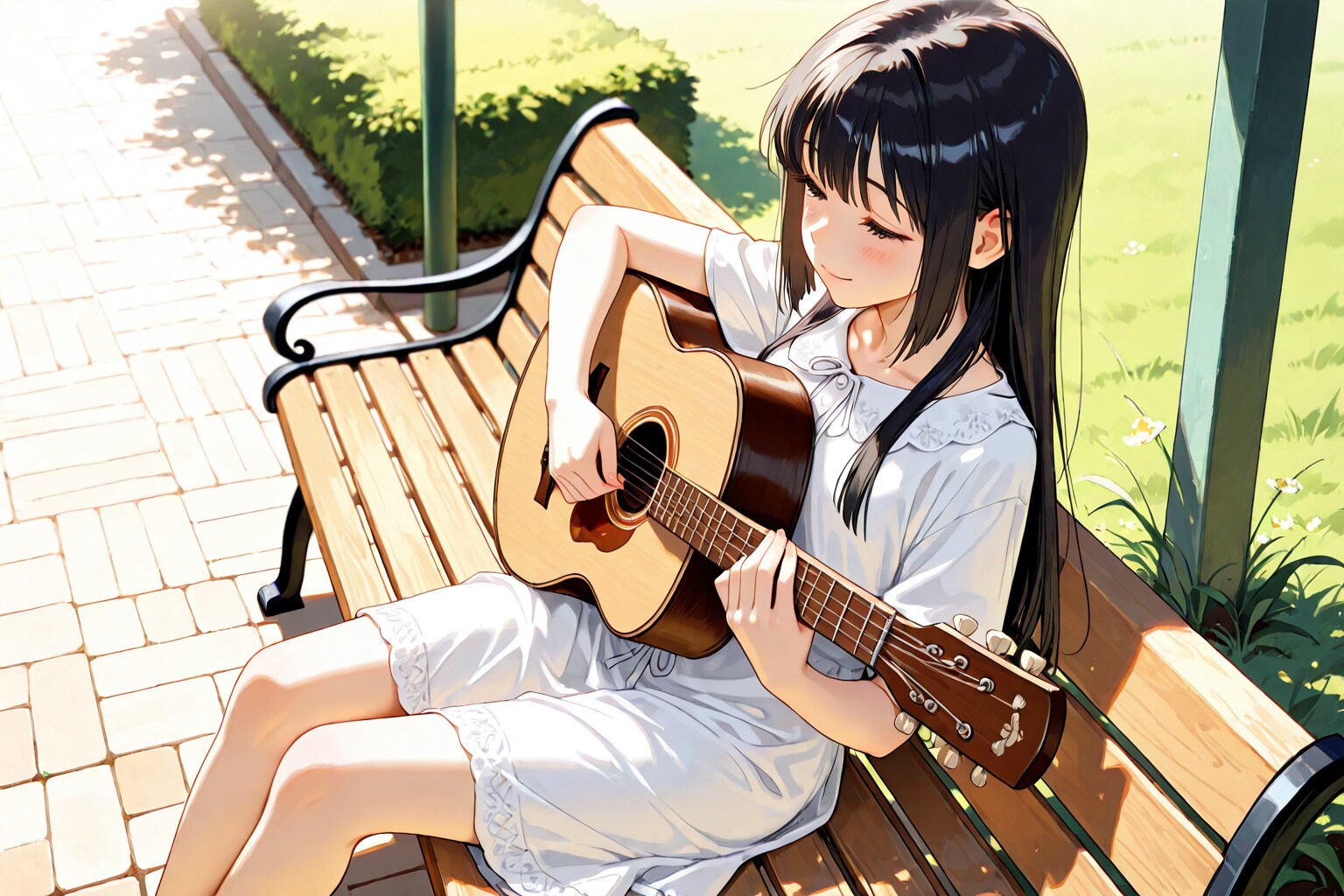 公園でギターを弾く女性（BONSAI版）