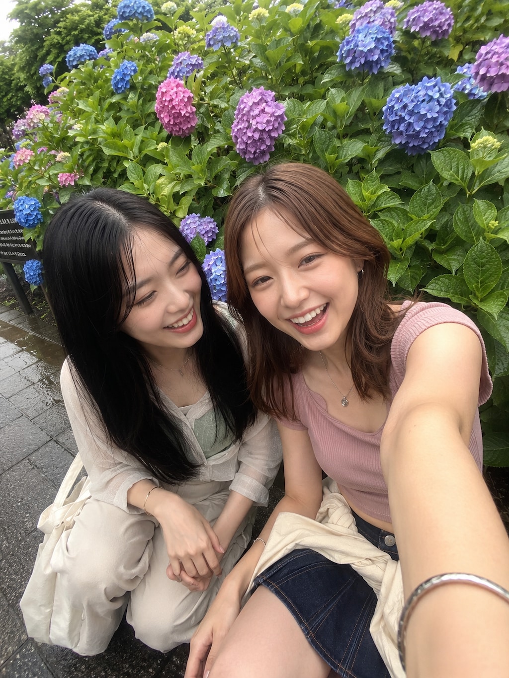 紫陽花をバックに自撮り