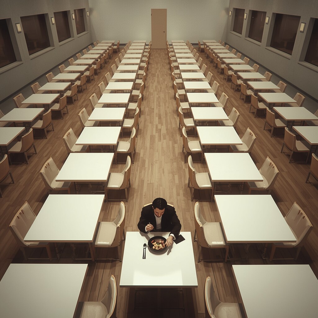 静かな食堂、男性が1人だけいて食事をしている。